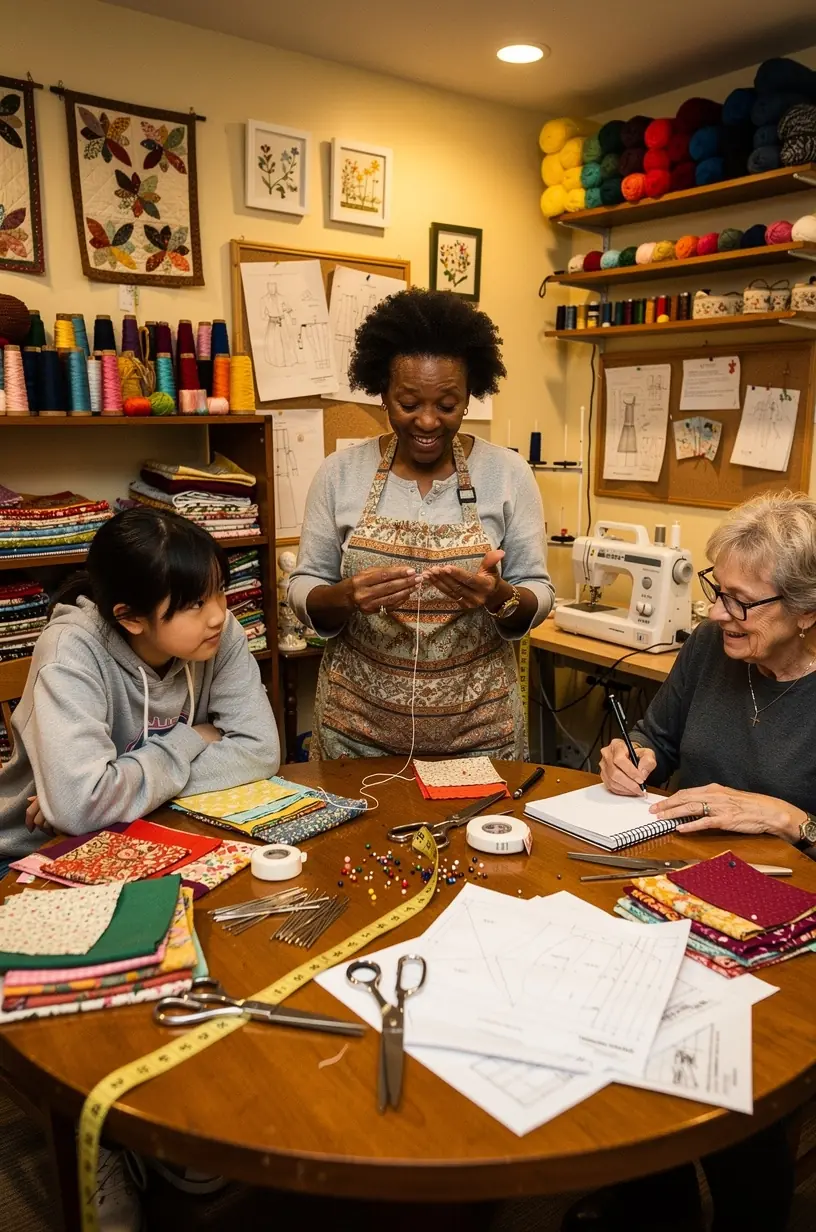 Organized craft space with knitting and sewing supplies.