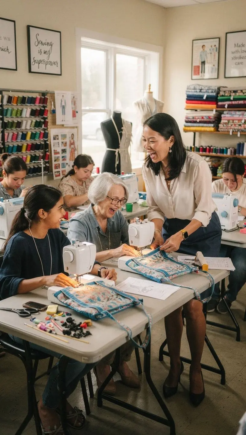 Local craft workshop showcasing knitting and sewing activities.